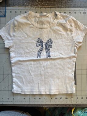 Altar'd State White Short Sleeve Tee with Blue Gingham Bow